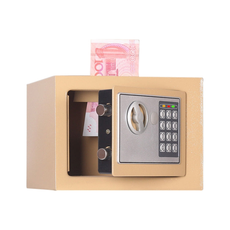 Wall-mounted electronic lock box, champagne gold finish with open door and keypad.