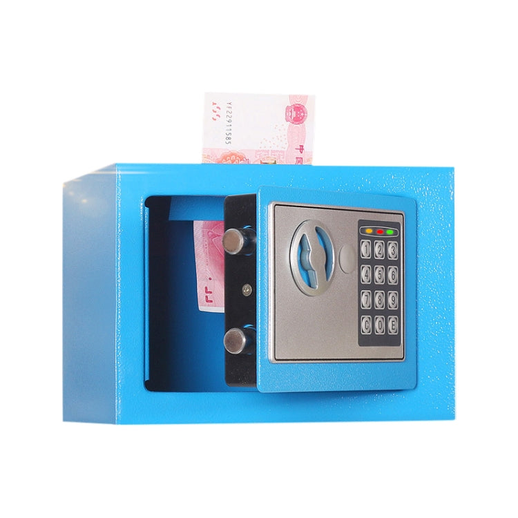 Wall-mounted electronic lock box, blue finish with open compartment and keypad.