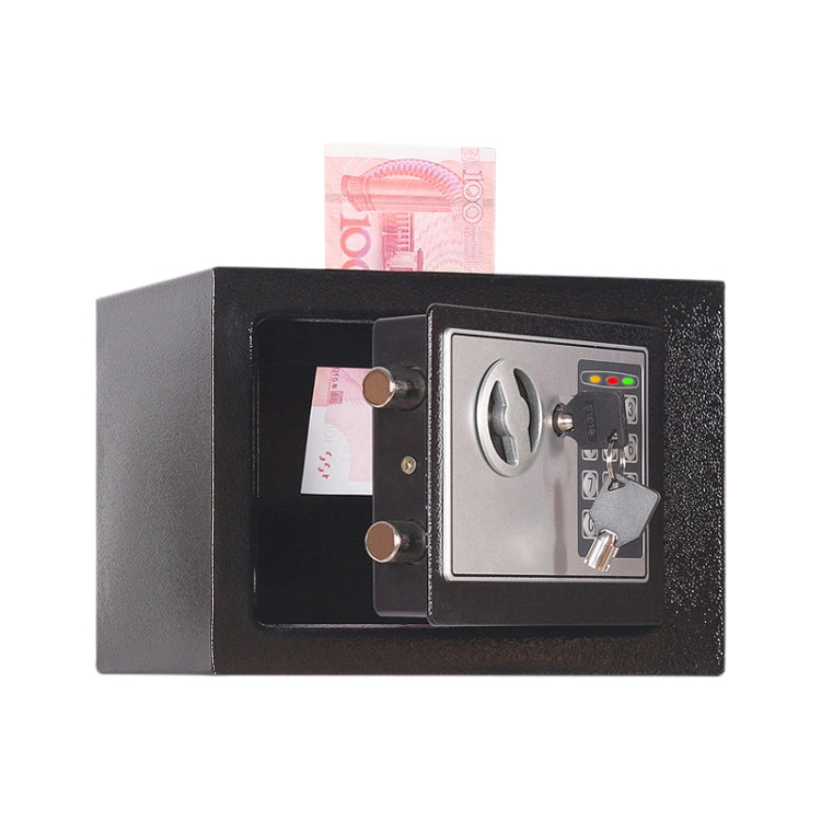 Wall-mounted electronic lock box, black finish with open door showing keypad and cash.