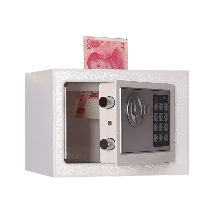 Wall-mounted electronic lock box, white finish with open door and keypad.