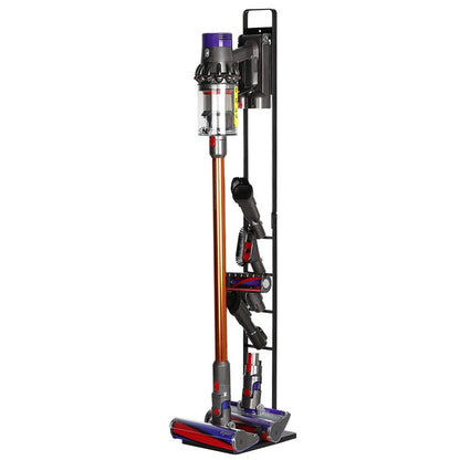Black vacuum cleaner storage rack with base, holding a cordless stick vacuum and accessories.