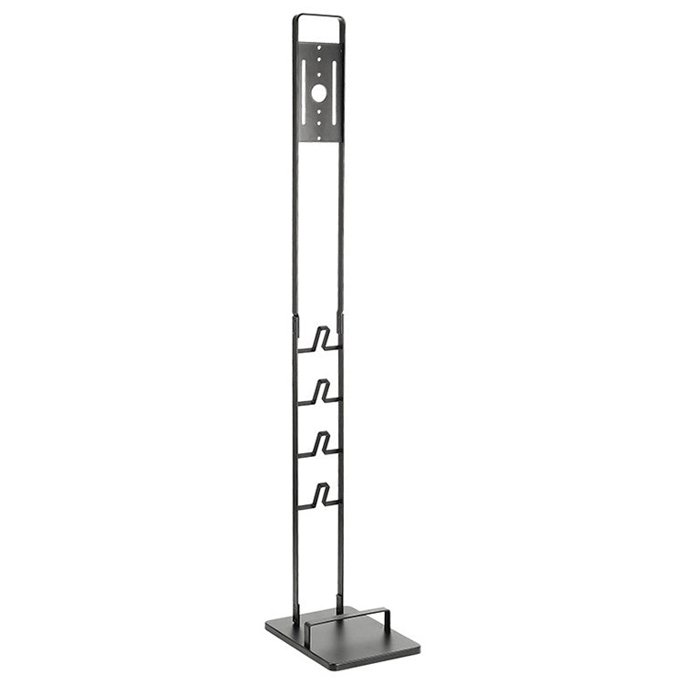 Black wall-mounted vacuum cleaner hanger rack with metal plate and five outlet hooks.