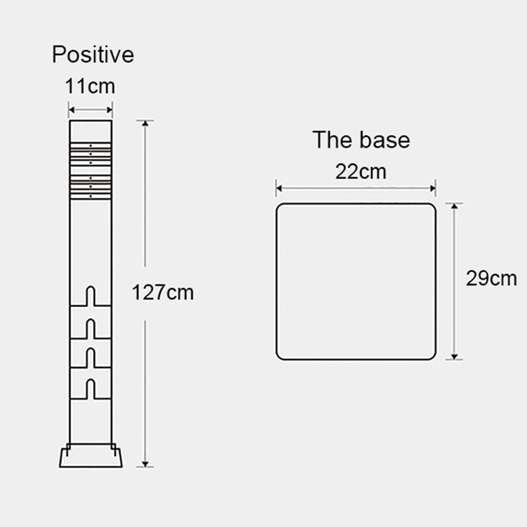Vacuum cleaner storage rack dimension diagram with tall pole, hook layout, and square base.