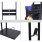 Black vacuum rack with adjustable side compartments and front tool holder platform.
