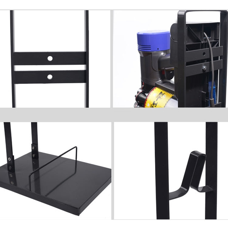Black vacuum rack with adjustable side compartments and front tool holder platform.