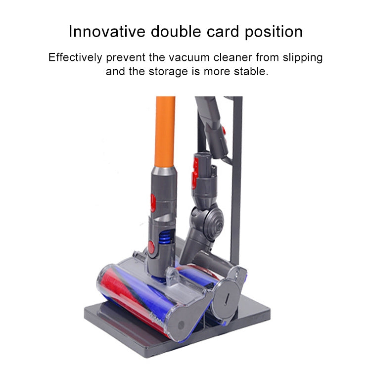 Black vacuum cleaner stand with double-position base to help prevent slipping during storage.