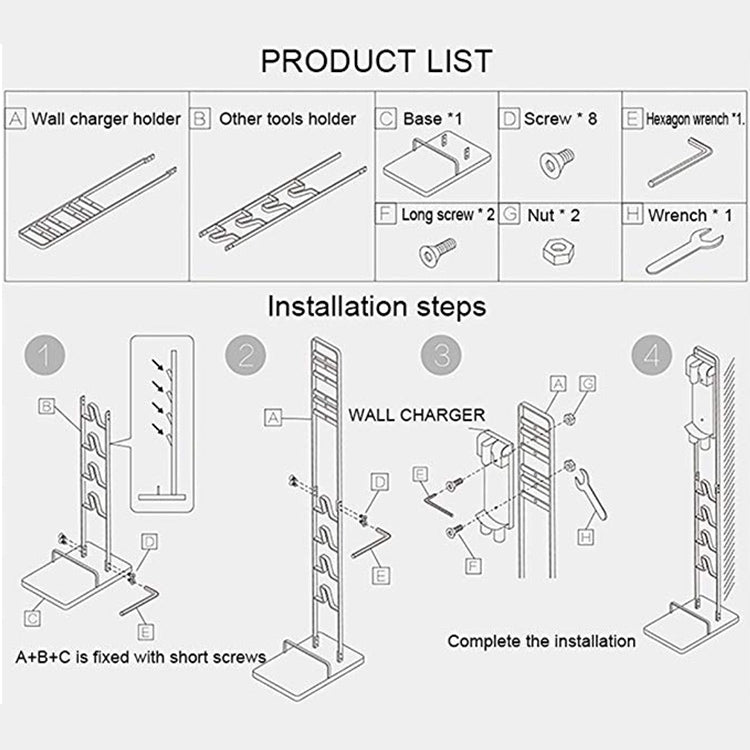 Vacuum storage rack installation diagram showing wall charger holder parts and base mounting.