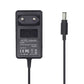 Black AC/DC charger adapter with prong plug facing and DC barrel connector