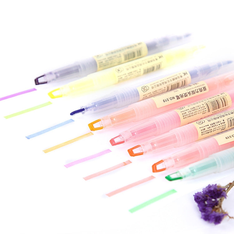 Assorted pastel double-head highlighter pens, clear barrels with multicolor tips