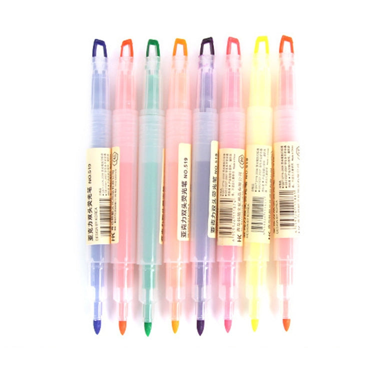 Set of double-head highlighters with clear barrels and pastel pink, green, blue, yellow tips