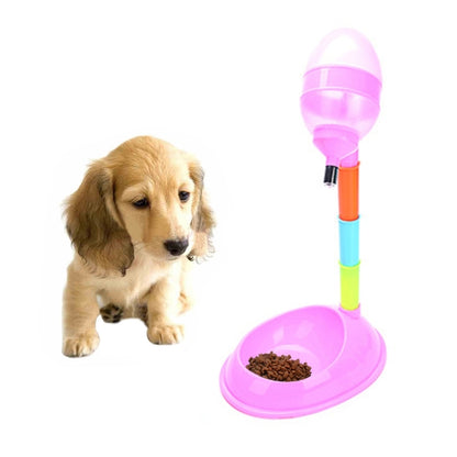 Pink 2-in-1 automatic pet feeder with vertical drink-and-food dispenser and bowl base