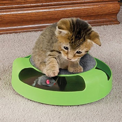 Green cat turntable toy with gray felt top and mouse accessory.