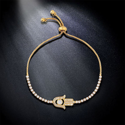 Gold hamsa hand crystal inlaid bracelet with rhinestone chain and charm