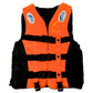 Children's orange life jacket with black side straps and front button placket