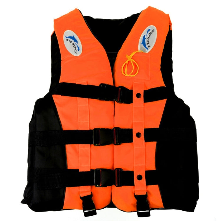 Children's orange life jacket with black side straps and front button placket