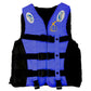 Children's blue life jacket with black side straps and front button placket