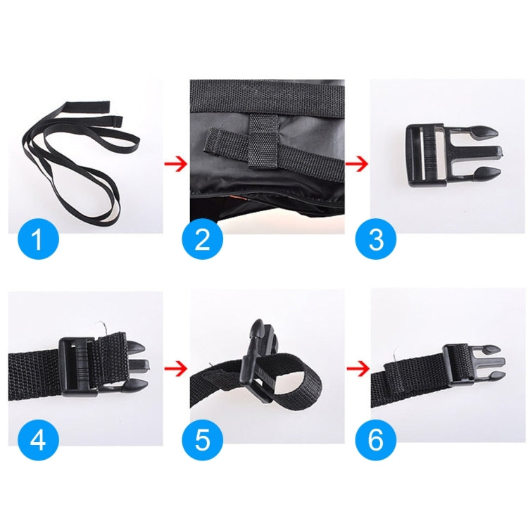 Life jacket strap and buckle attachment details with black plastic clips
