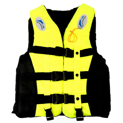 Children's yellow life jacket with black side straps and front button placket