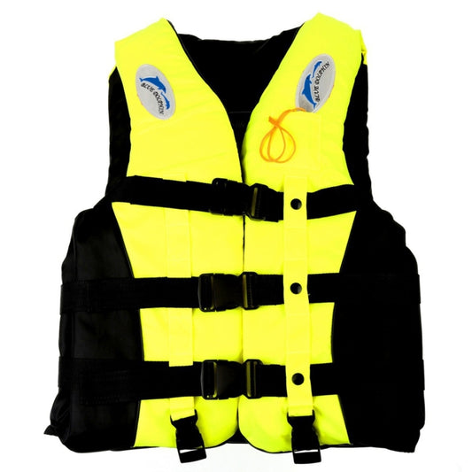 Children's yellow life jacket with black side straps and front button placket