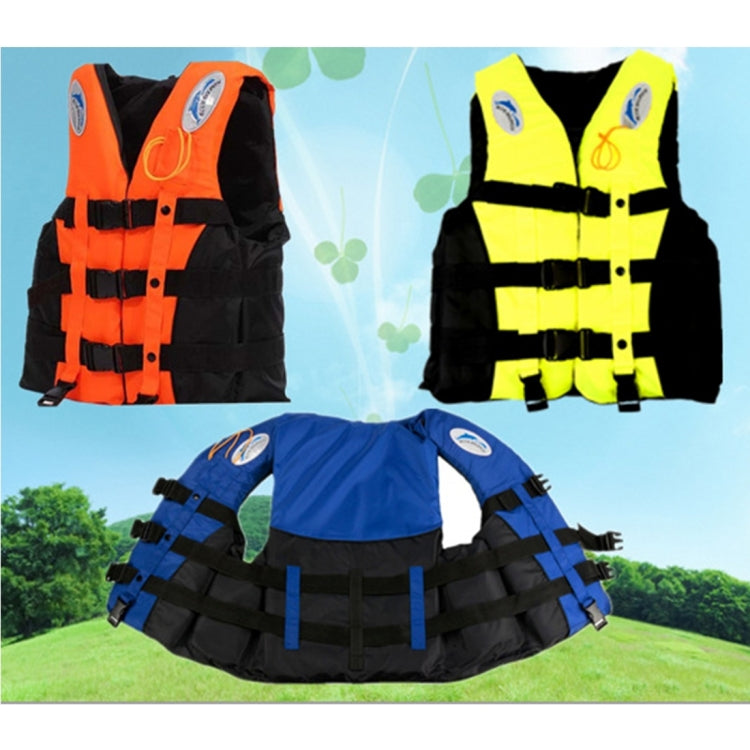 Assorted children’s life jackets in orange, blue, and yellow with black straps