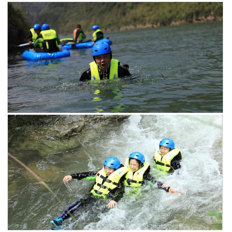 Children wearing neon yellow life jackets in choppy water