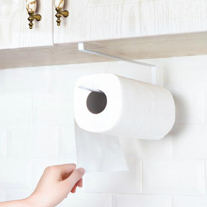 White paper towel roll holder with mounted white roll under cabinet shelf