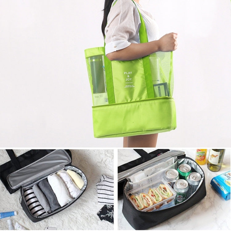 Green double-layer mesh sport duffel tote with shoulder handles, open top compartment