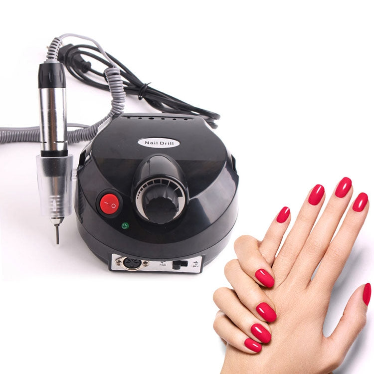 Black nail drill machine with silver handpiece and cord, shown with red manicured nails