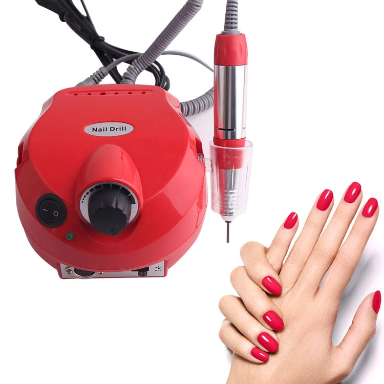 Red electric nail drill with handpiece and clear grinding tip for manicures