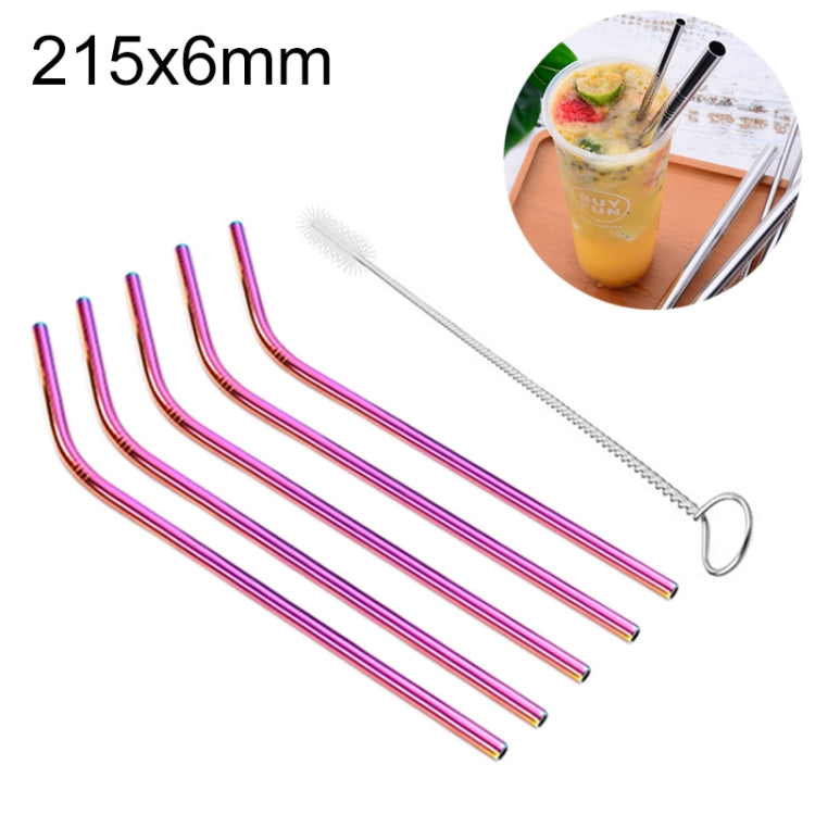 5-pack bent stainless steel drinking straws in purple/pink with cleaning brush