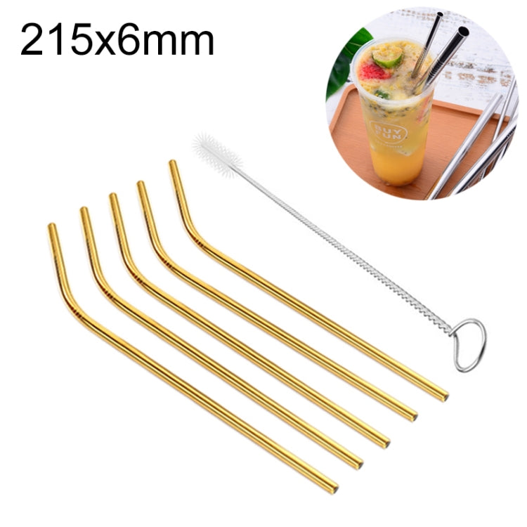 5-pack bent stainless steel drinking straws in gold tone with cleaning brush