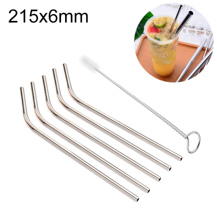 5-pack bent stainless steel drinking straws in silver with cleaning brush and bristles