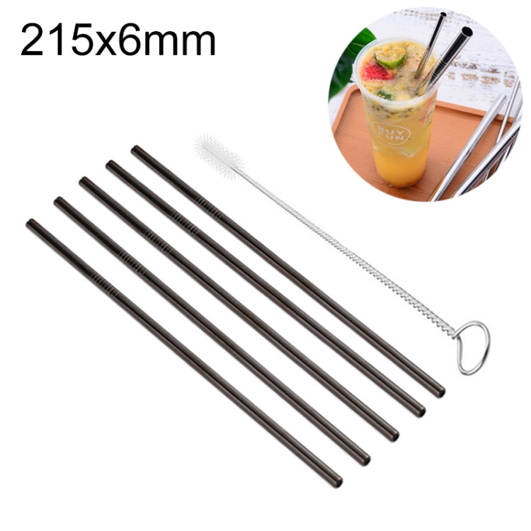 Reusable straight drinking straw set with cleaning brush, black stainless steel