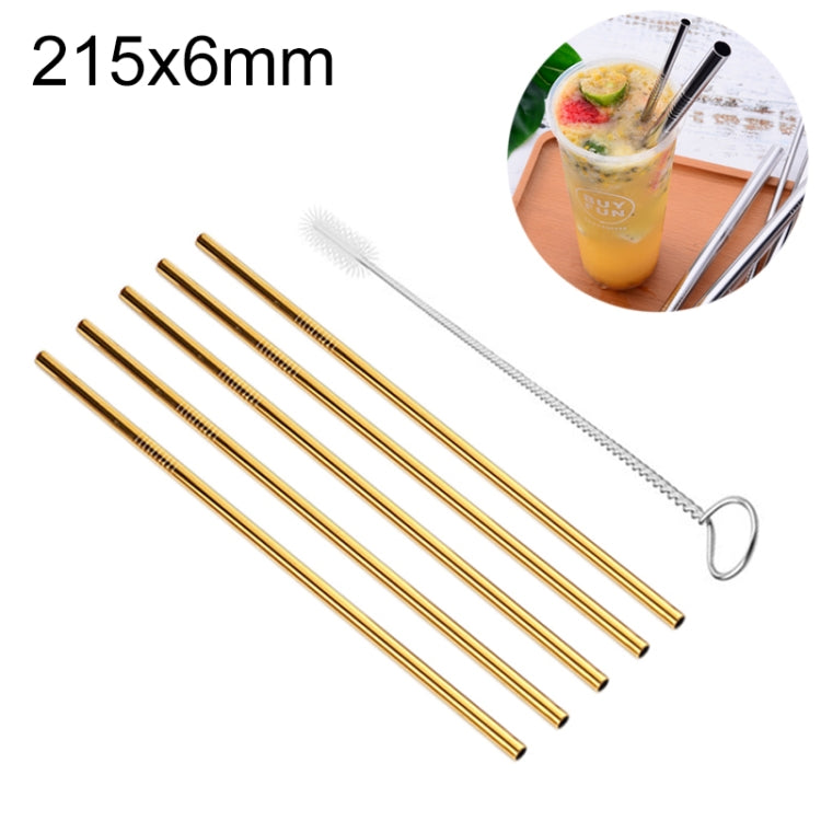 Reusable straight drinking straw set with cleaning brush, gold stainless steel