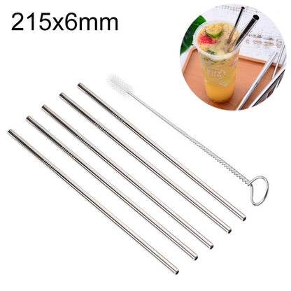 Set of five straight stainless steel drinking straws with cleaning brush
