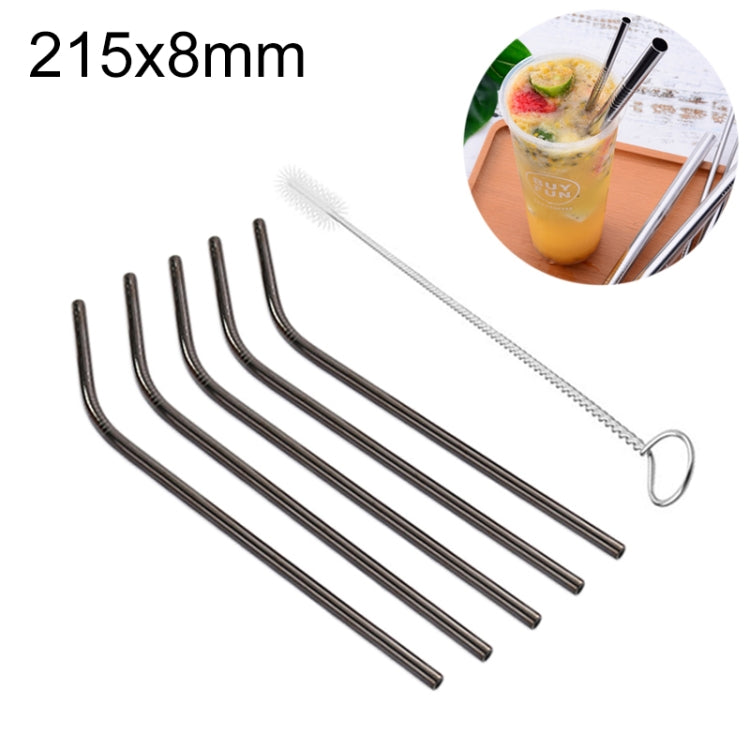 Bent stainless steel drinking straw set (5) with cleaning brush, black straws