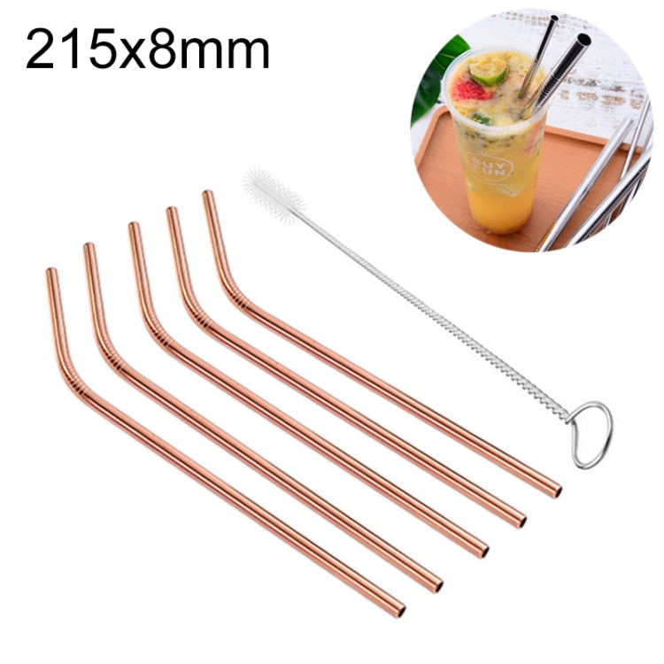 Bent reusable stainless steel straw set with cleaner brush, rose gold finish