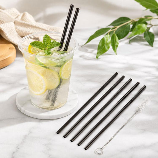 Reusable black stainless steel straight drinking straws with cleaning brush and rope.