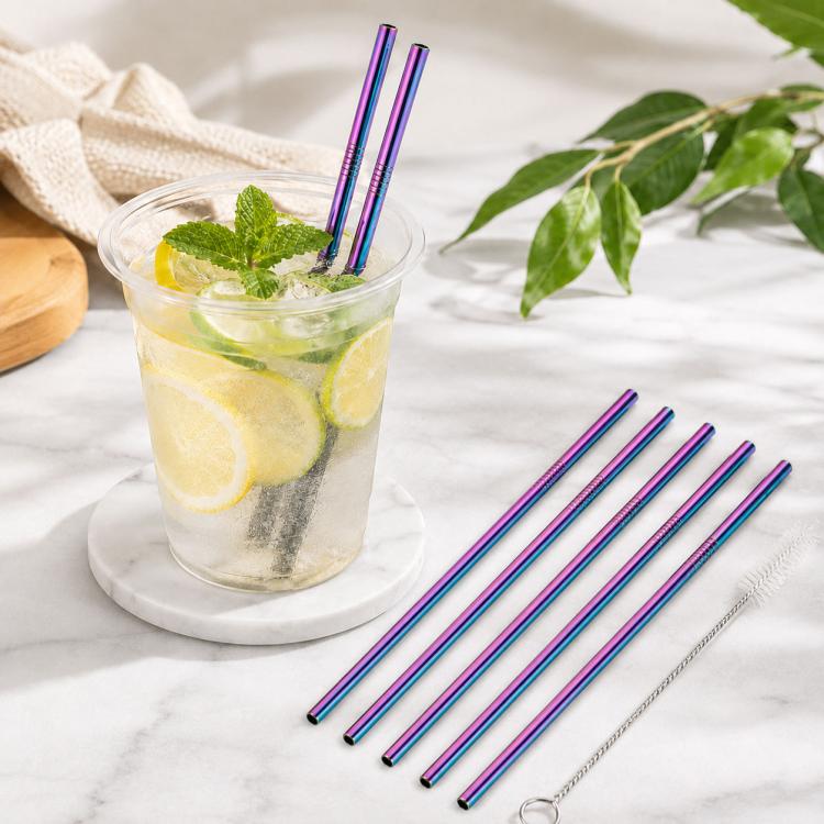 Reusable straight drinking straw set with cleaning brush, purple and silver finish