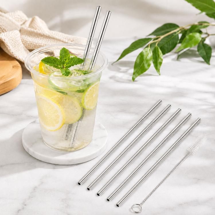 Reusable straight metal drinking straw set with cleaning brush, silver finish