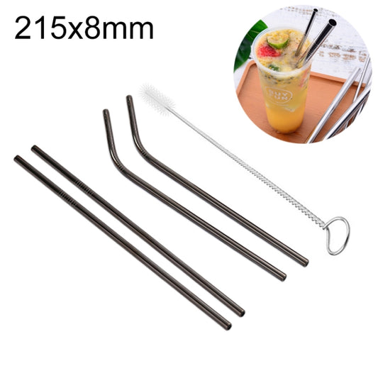 Black reusable stainless steel drinking straws with cleaning brush, 215x8mm set