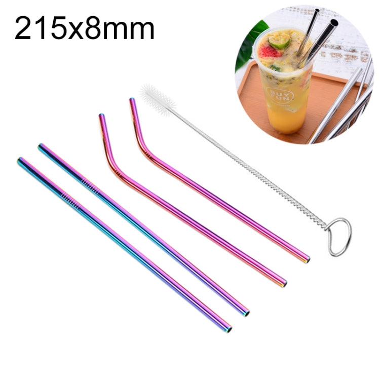 Reusable stainless steel straw set, rainbow colors with included cleaning brush