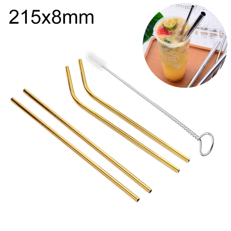 Reusable stainless steel straws set in gold and silver with included cleaning brush