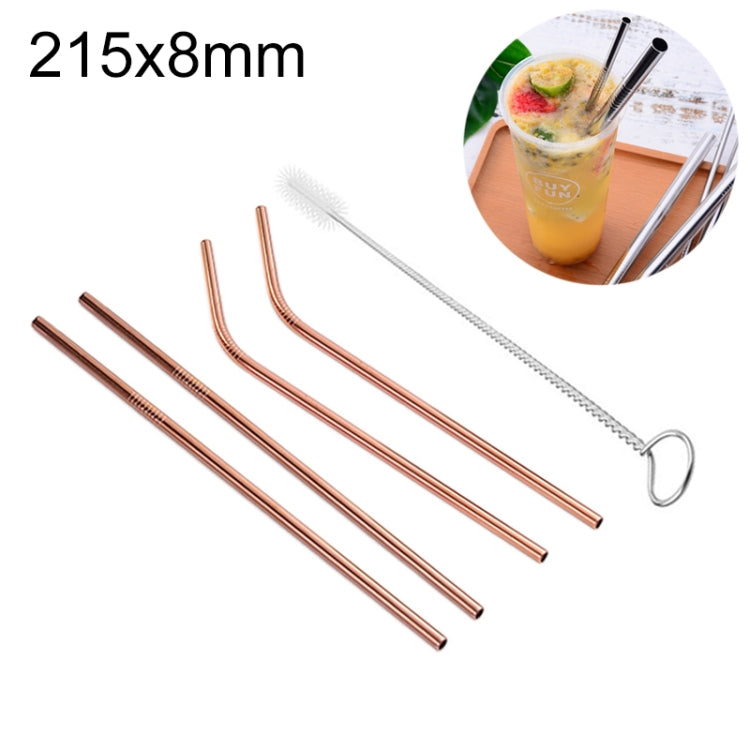 Reusable stainless steel straws set in rose gold and silver with included cleaning brush