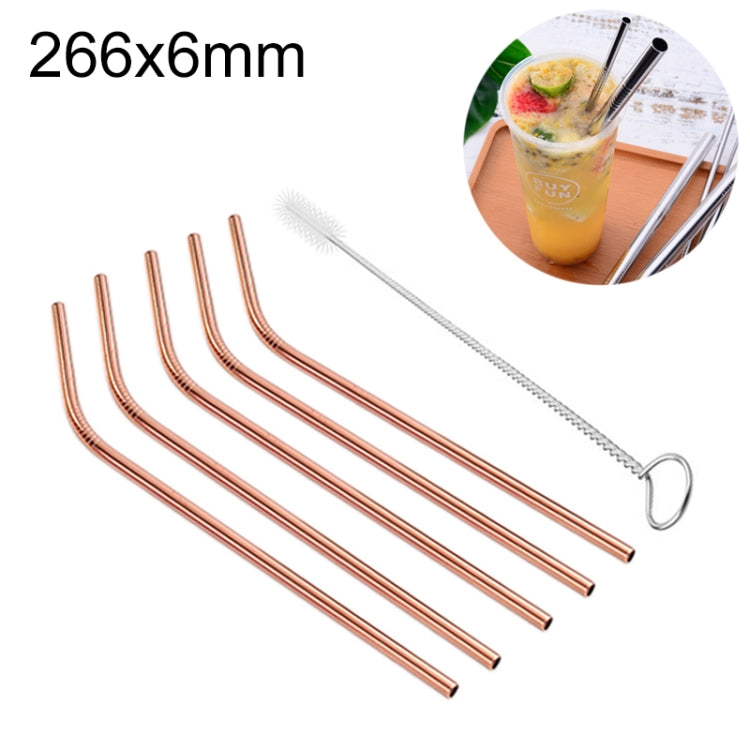 Rose gold bent stainless straw set, 5-piece reusable, 266x6mm with cleaning brush