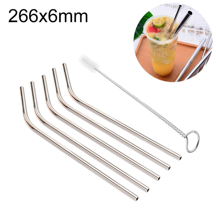 Silver bent stainless straw set, 5-piece reusable, 266x6mm with cleaning brush
