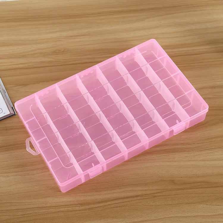Pink plastic organizer box with removable 28-slot grid compartments for small items