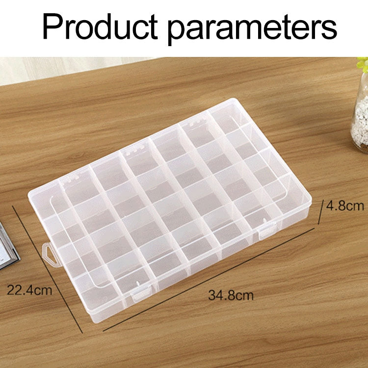 Clear plastic organizer box with removable grid compartments and side carrying handle