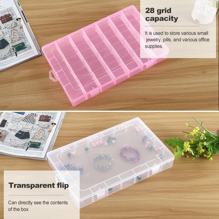 Pink plastic 28-grid storage box with transparent flip-style lid for small supplies