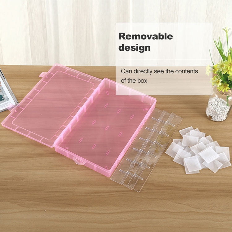 Pink plastic organizer box with removable inner grid panels and clear flip lid